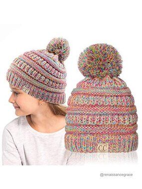 Kids Beanie Ages 2-5 Chunky Knit Slouch Hat with Pom Acrylic